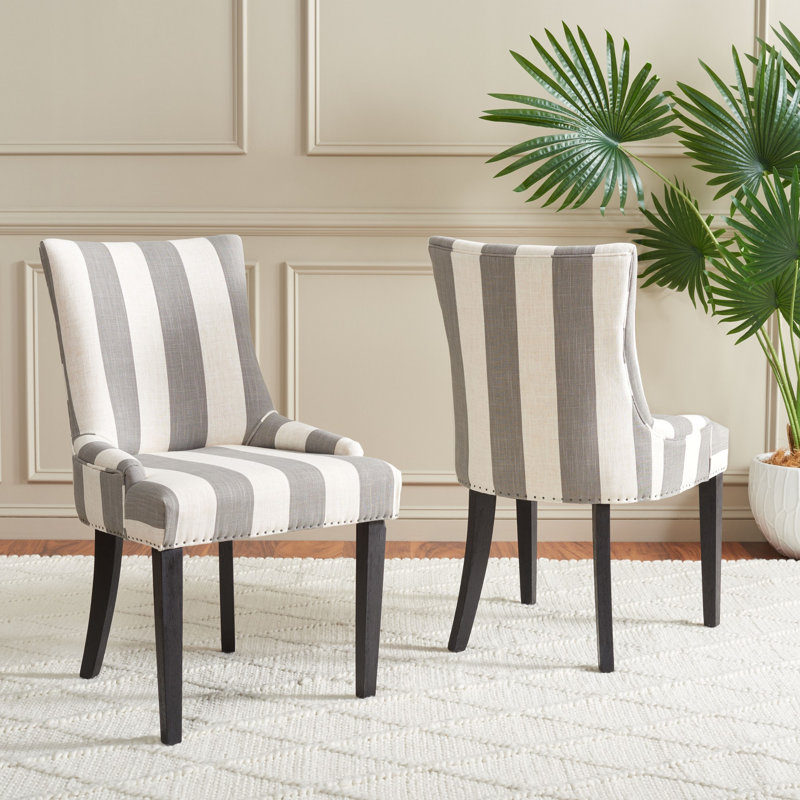 Chaise parsons en bois massif Halleigh, Mélange de lin gris / gris rayé
