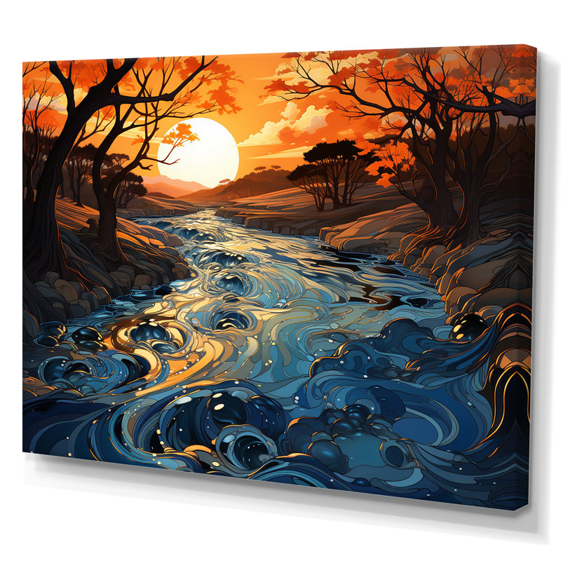 Orange et bleu, rivière, voyage serein I - rivière, art mural, Toile tendue, H 34 po x l 44 po x P 1,5 po