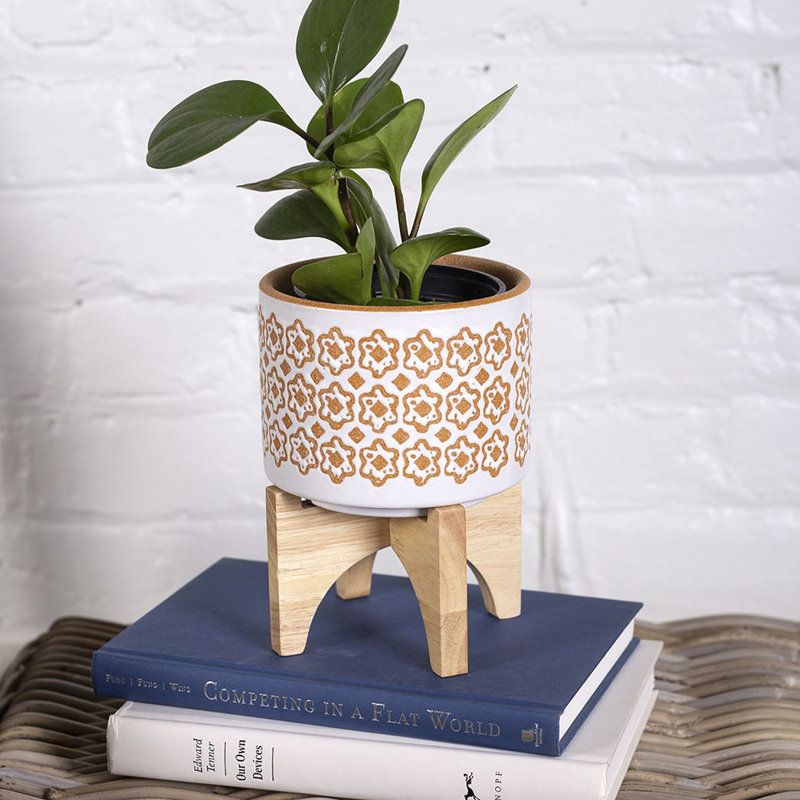 PETIT POT en céramique moutarde sur support en bois, H 7 po x l 5 po x P 5 po
