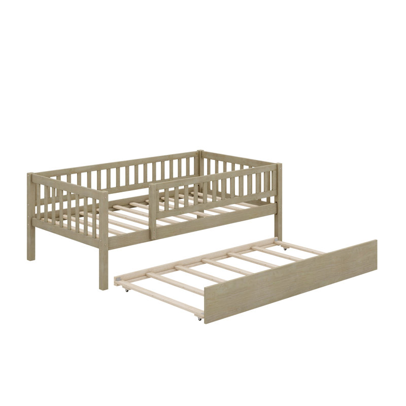 Rustic Wooden Daybed With Underbed Trundle And Protective Fence-Style Guardrails, Natural