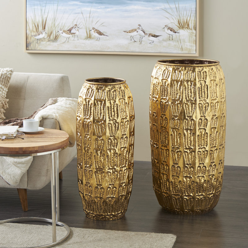 Braseby Metal Tall Decorative Gold Vase with Grooved Patterns Set, 36" H x 18.25" W x 18.25" D