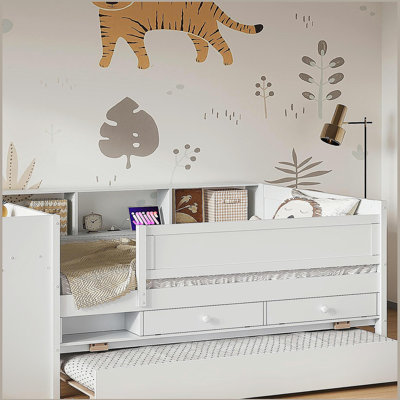 Multi-Functional Twin Size Daybed with Trundle, Headboard Storage and Tables, USB Charging Station