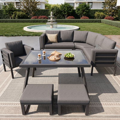 8-Piece Modular Outdoor Sofa Set With Glass Table, Steel Frame & 8 Cm Cushions