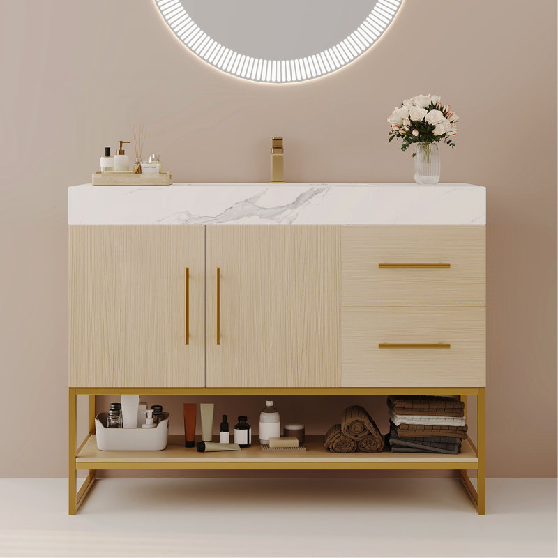 Meuble-lavabo moderne 36 po avec lavabo en céramique sans couture et armoire autoportante dorée, Bois, Blanc