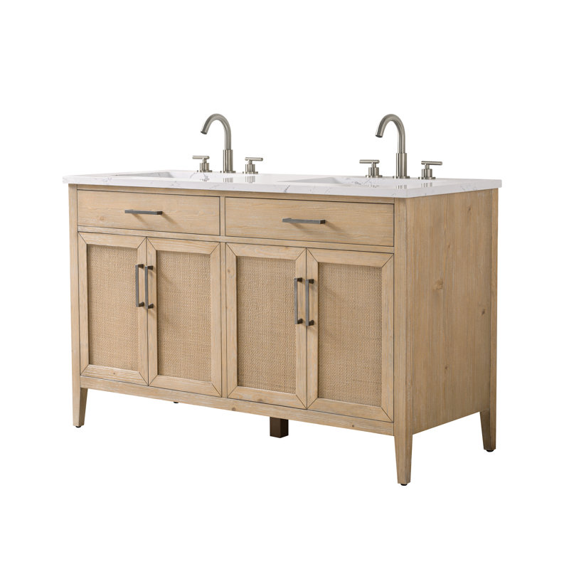 Sebastiano 54'' Double Bathroom Vanity with Engineered Stone Top, Coastal Sand/Antique Nickel