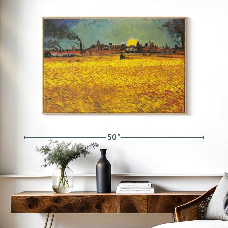 Champ de blé au coucher du soleil, Cadre flottant en bois naturel, 40 po x 27 po