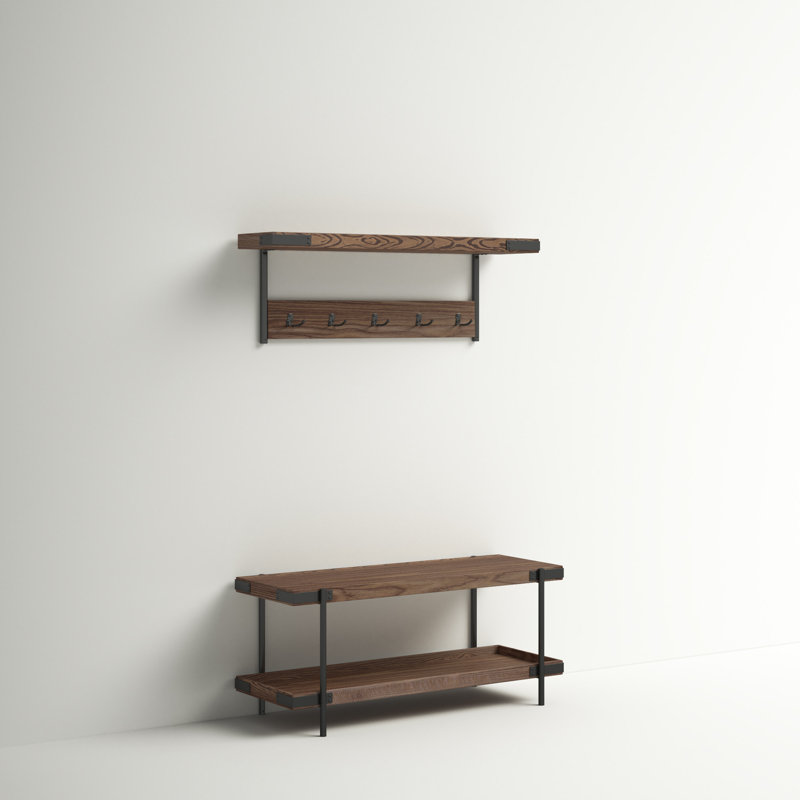 Nikole 42" W Industrial Rustic Wooden Metal Wall Mounted Coat Rack And Bench Set With Storage