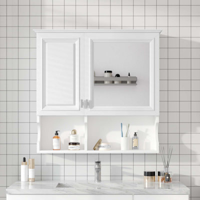 Mirror Medicine Cabinet with Open Shelves, Wall Mounted Home Storage with Doors & Mirror