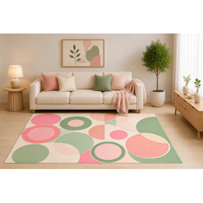Tapis rond ultra-léger 152 x 213 cm, motif géométrique abstrait rose et vert sauge, idéal pour le salon, la chambre ou la chambre d'enfant. Dos en silicone antidérapant.