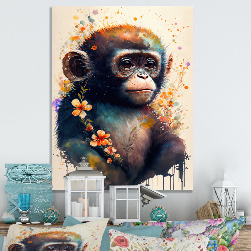 Mignon singe, art floral II - impression, H 32 po x l 16 po x P 1 po, Toile tendue
