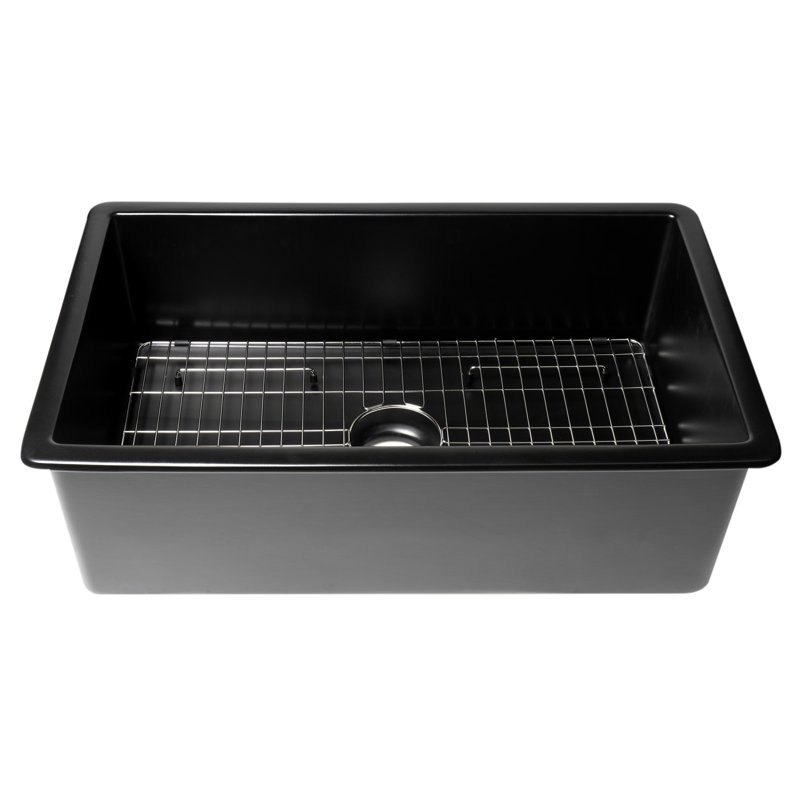 ABF3219SUD-W White 32" x 19" Single Bowl Fireclay Undermount / Drop In Kitchen Sink, Black