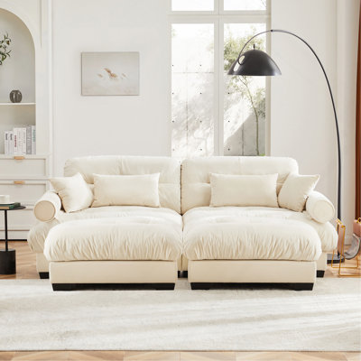 Canapé-lit Cloud pour le salon, canapé 2 places en chenille avec 2 coussins lombaires et 2 coussins décoratifs, canapé rembourré à accoudoirs larges avec 2 repose-pieds, chenille