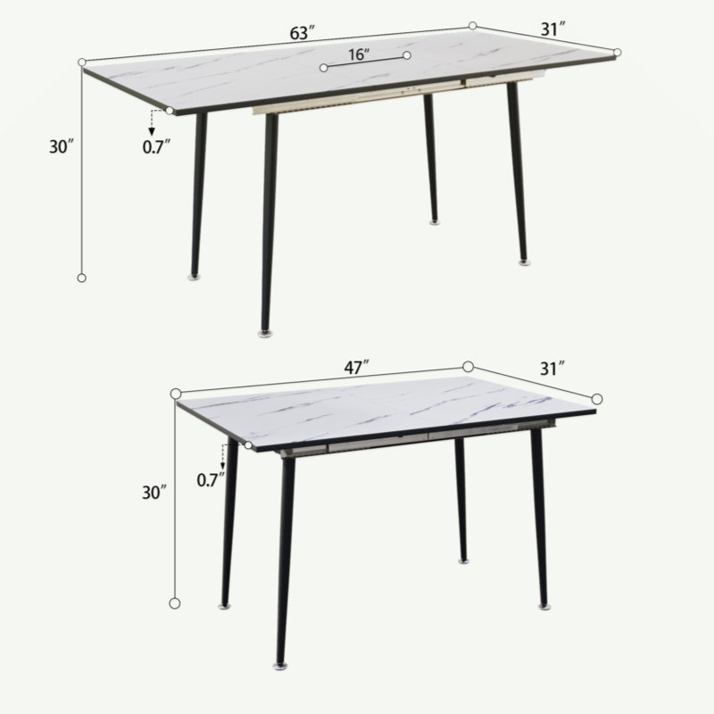 Table de salle à manger extensible 63 po MDF carré en marbre blanc, cuisine industrielle moderne et table de salle à manger, équipée de pieds fuselés en métal noir
