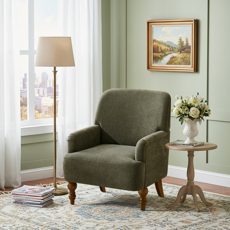 Upholstered Armchair with Footstool, Green