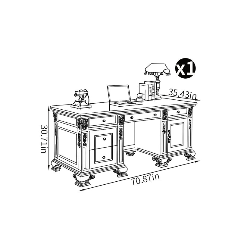 Bureau de style européen sculpté, H 30,71 po x l 70,87 po x P 35,43 po