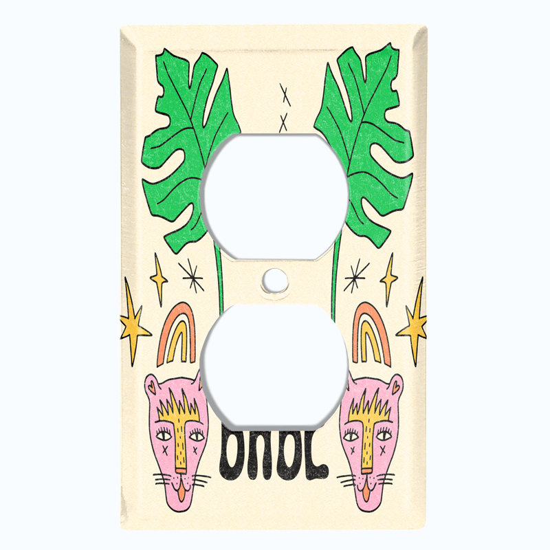 Cute Babe Cool Leaf Cat Doodle Cartoon Beige Patterned 1 - Gang Toggle Light Switch Standard Wall Plate
