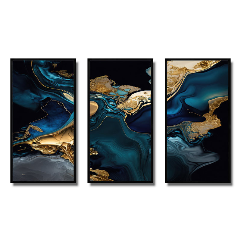 Géode abstraite marbre bleu IV - impression de 3 pièces, Noir, H 28 po x l 36 po x P 1 po