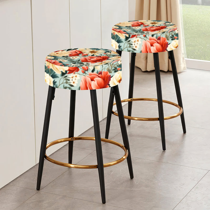 Ensemble de 2 tabourets de bar rétro floraux beige et corail Nostalgia