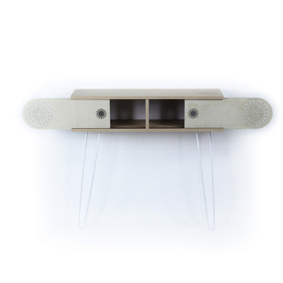 Console à 2 niveaux avec pieds en métal, finition chêne massif, fabrication en bois massif, profondeur de 41,93 po, largeur de 32,65 po, hauteur de 10,79 po, pieds de 14,72 lb, art