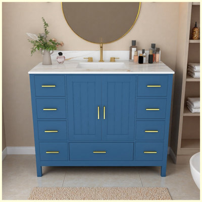 Meuble-lavabo moderne 42 po en bois massif blanc avec rangement à fermeture en douceur