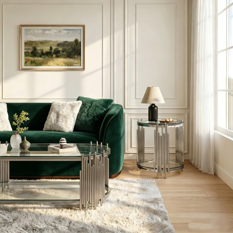 Ensemble de 2 tables basses et tables de bout gigognes, tables d'appoint ovales en verre trempé de luxe moderne avec structure en métal à tige verticale, finition chrome poli pour le bureau du salon