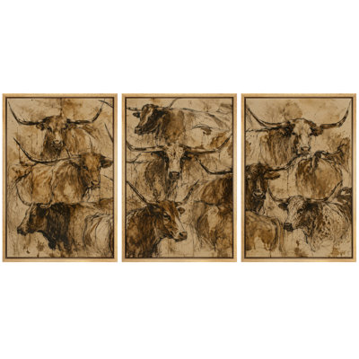 Vintage Longhorn Cattle Portrait Collection Western Artwork, Office Pictures, Framed Canvas Giclee Print 3 Pieces Wall Art - 24"x36"x3pcs