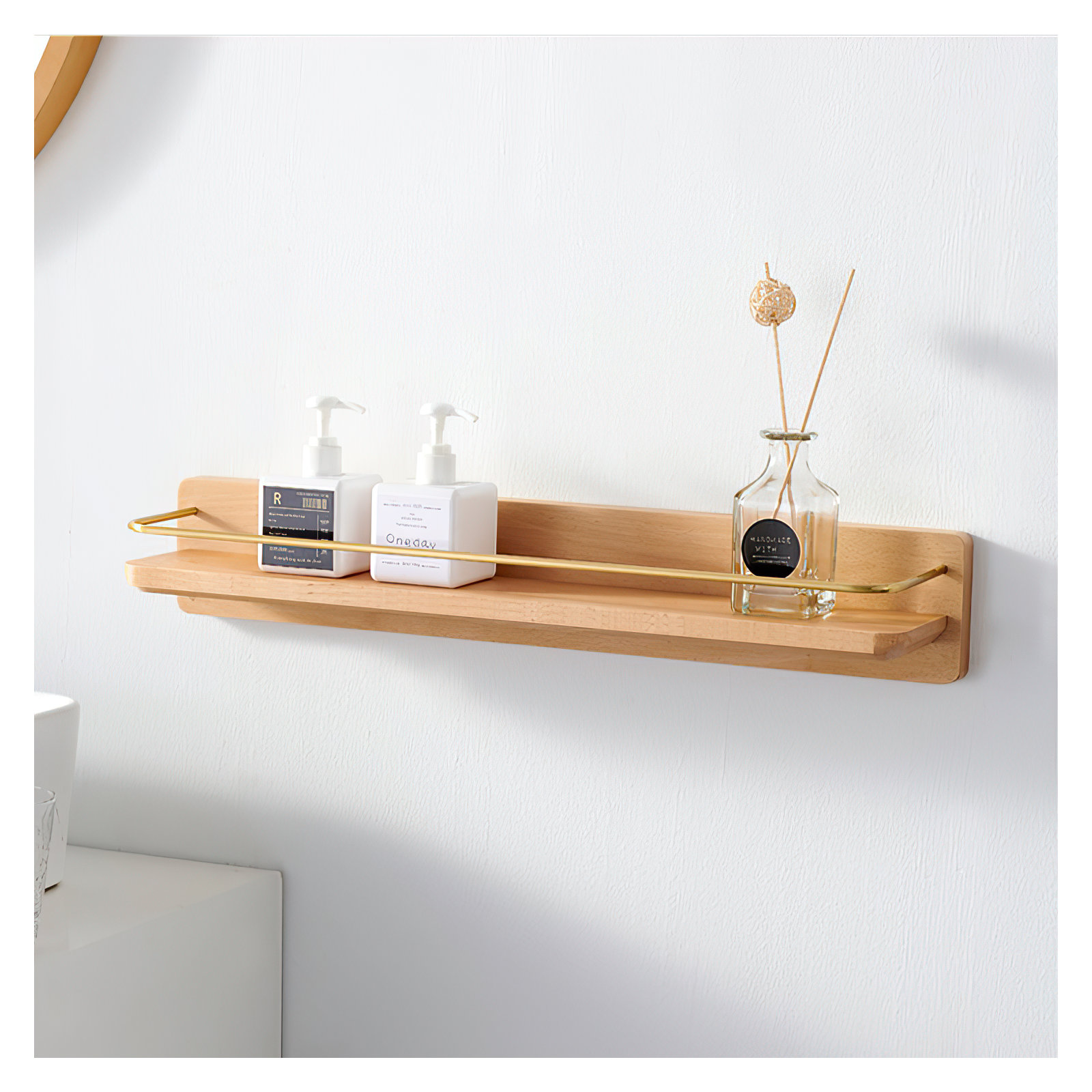 Dandre Modern Brass Wooden Shelf, 3.2" H x 24" W x 5.6" D, Natural