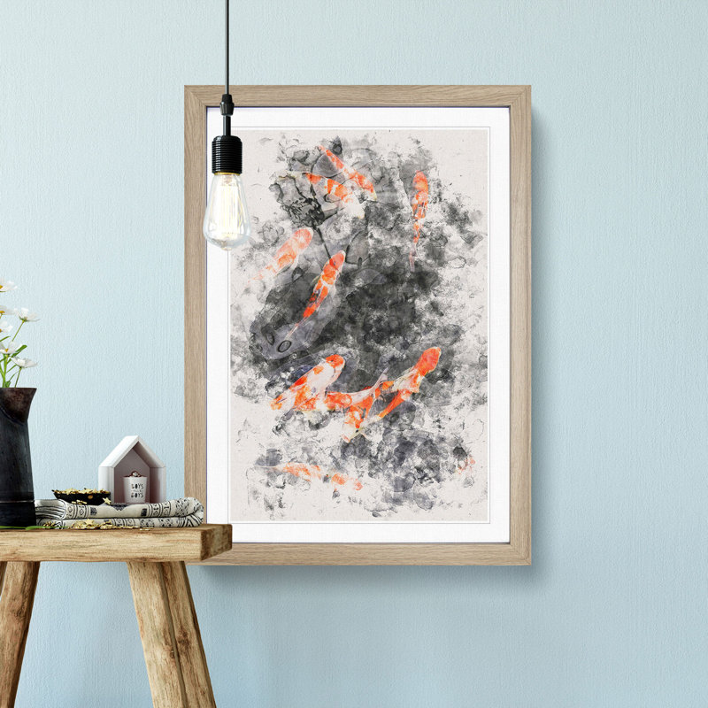 Carp and Koi Fish - Picture Frame Painting Print, 33cm H x 24cm W x 2cm D, Oak Framed