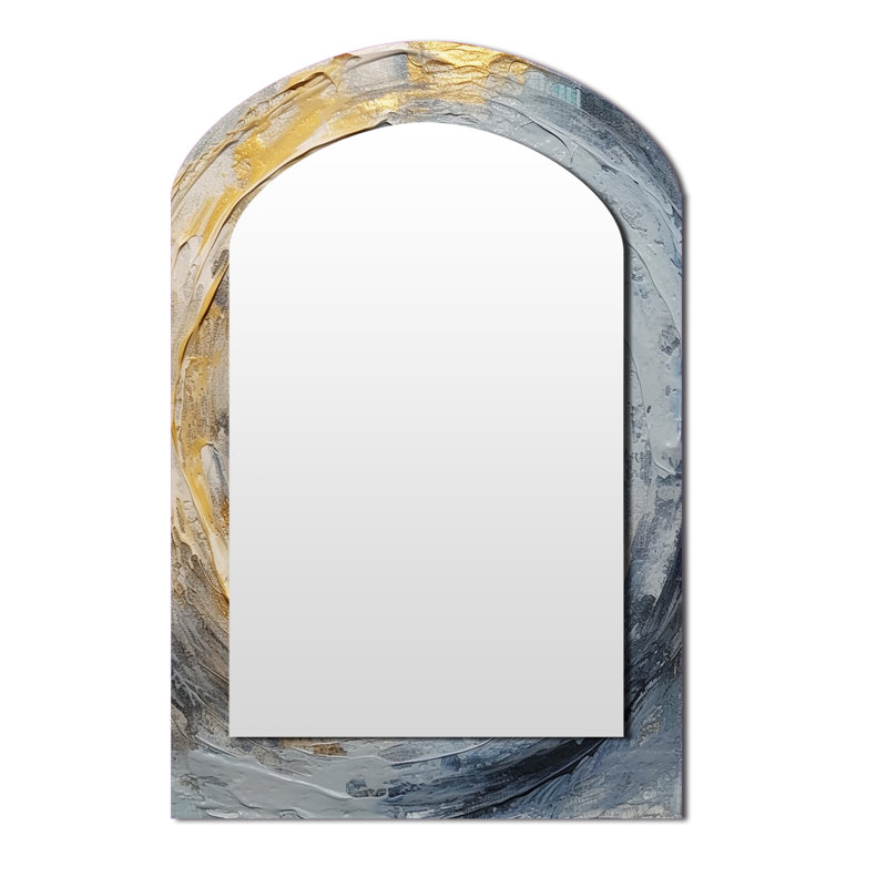 Or et bleu Vibrant Spirals IV - miroir décoratif en arc abstrait en spirale, miroir mural asymétrique moderne, impression d'art en métal
