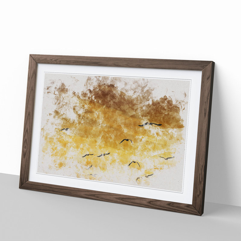 Flying Seagulls at Sunset - Picture Frame Painting, 27cm H x 36cm W x 2cm D, Walnut Framed