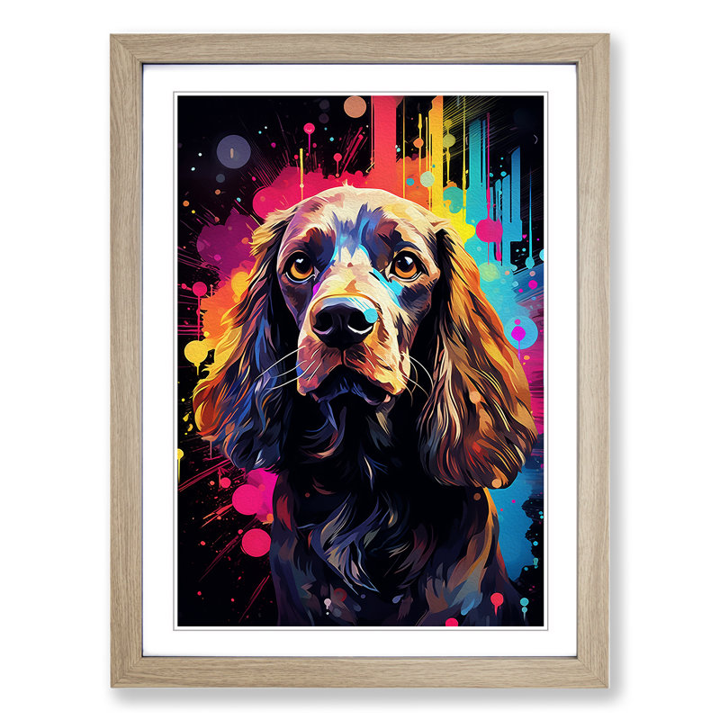 Cocker Spaniel Futurism - Single Picture Frame Print on Wood, 34cm H x 25cm W x 2cm D, Oak Framed