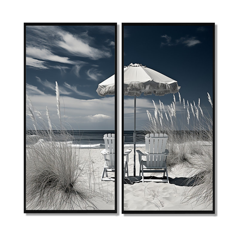 Chaises de plage noires et blanches - art mural côtier 2 panneaux, H 32 po x l 32 po, Toile tendue, Ne s’applique pas