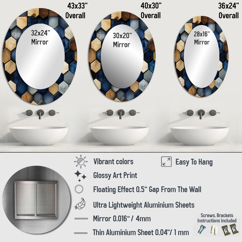 Beige et bleu Hexagones Symmetry - Miroir mural moderne bleu ovale, H 43 po x l 33 po