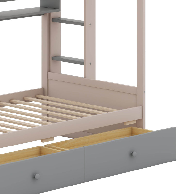 Twin Over Twin Castle Bunk Bed With LED Lights And Storage Drawers, Space-Saving Wooden Bunk Bed Frame With 3-Compartment Shelf & Guardrail, Playhouse Bed
