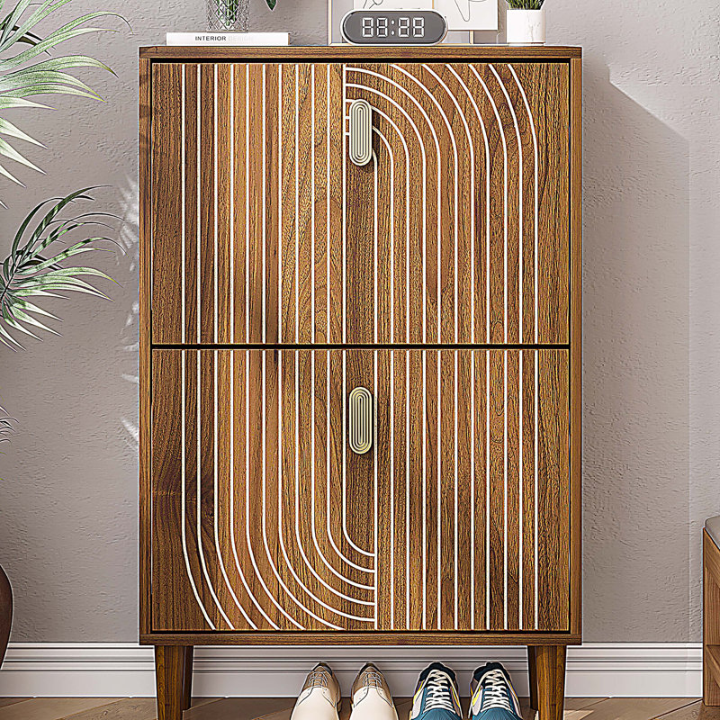 Shoe Storage Cabinet with 2 Flip Drawers,Free standing Shoe  Cabinet with Metal Handles