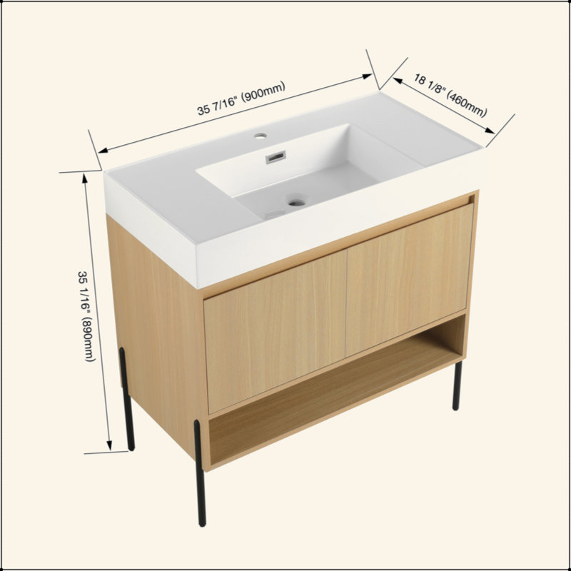 Ensemble de meuble-lavabo 36 po avec lavabo simple en résine, ensemble d'armoires de rangement modernes 2 portes, bois massif multicouche