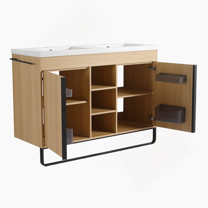 Meuble-lavabo autoportant de 48 pouces avec lavabo double en résine, portes à fermeture douce et supports de rangement ouverts, idéal pour les salles de bain modernes