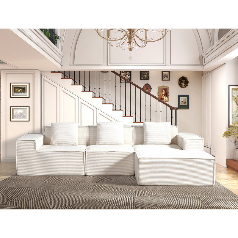 Canapé modulaire convertible avec repose-pieds et coussins, canapé modulaire en forme de L pour le salon, Beige
