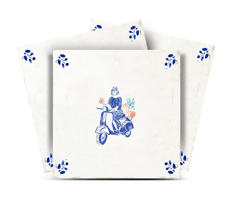 7" x 7" Vintage Blue & White Vespa Vinyl Peel and Stick Mosaic Tile