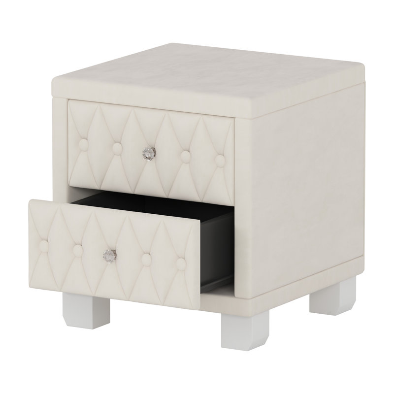 Table de chevet sophistiquée en velours beige avec 2 tiroirs et poignées en cristal, boutons élégants, structure séduisante, beige, rangement, tiroirs, ornés, motif,