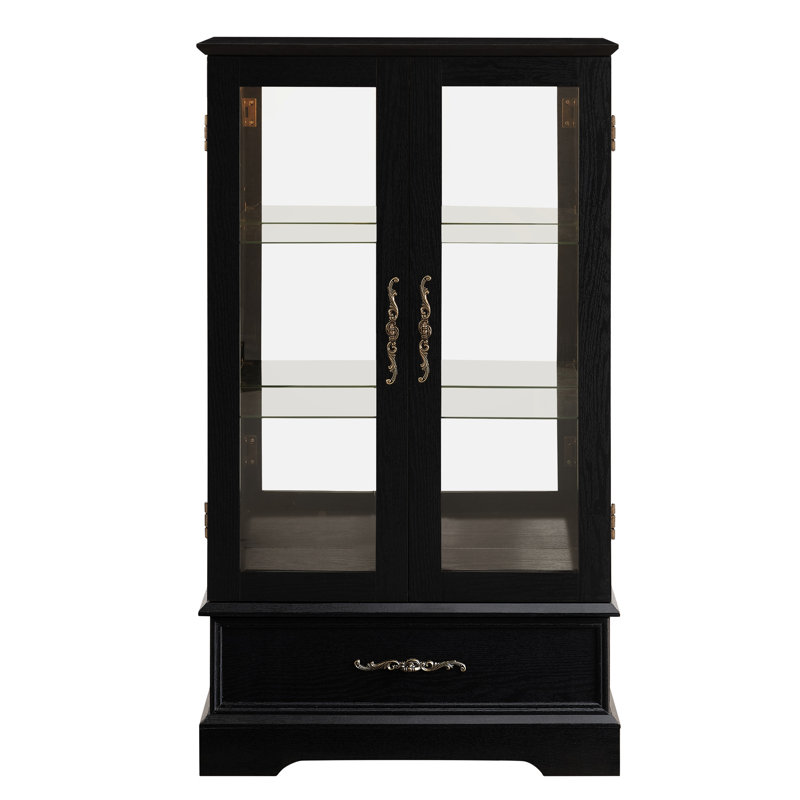Vitrine en verre éclairée à assemblage rapide avec tablettes réglables, embout et design rétro, noir, pour un décor compact, un tiroir de style élégant, ampoule à DEL incluse, salon