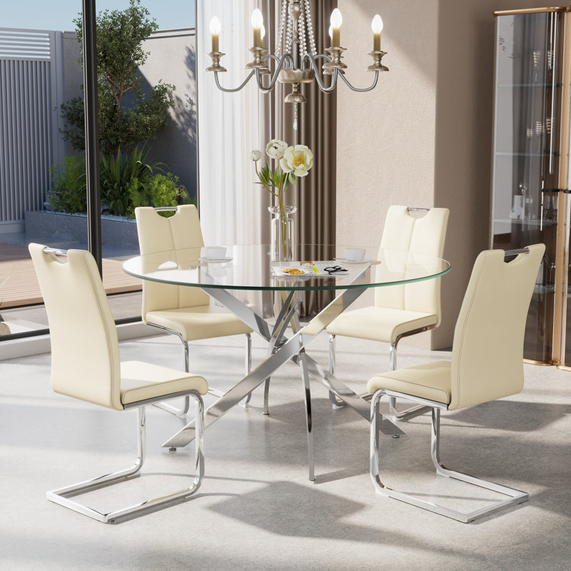 Ensemble de salle à manger 5 pièces, H 29,5 po x L 47 po x l 47 po, Argent, Beige/Argenté