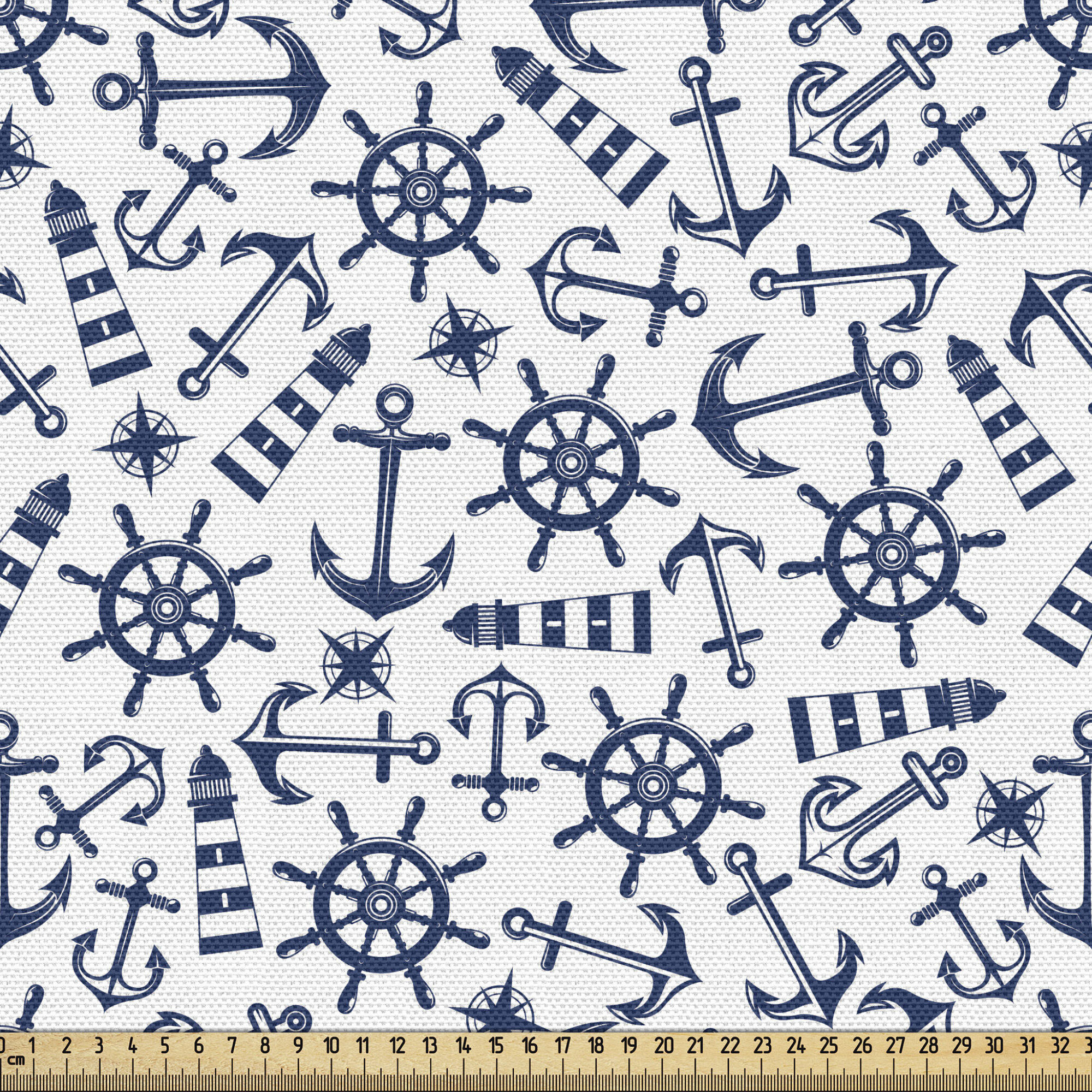 East Urban Home fab_170310 Navy White Fabric by The Yard, Simple Retro Nautical Pattern with Anchor Helm Lighthouse and Windrose, Decorative Fabric for Upholstery and