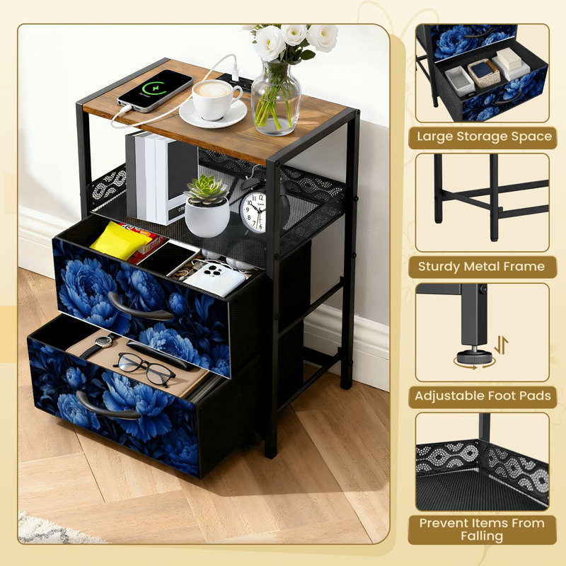 Table de chevet à 2 tiroirs en tissu avec station de charge et pivots floraux bleus
