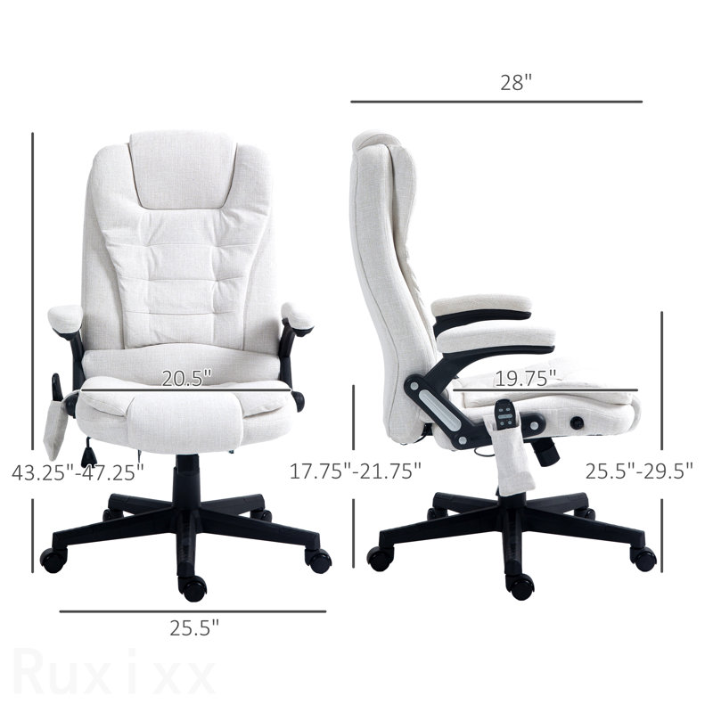 Cream White 6 Point Vibrating Massage Office Chair, With Heat, Linen High Back Executive Office Chair, With Reclining Backrest, Padded Armrests And Remote