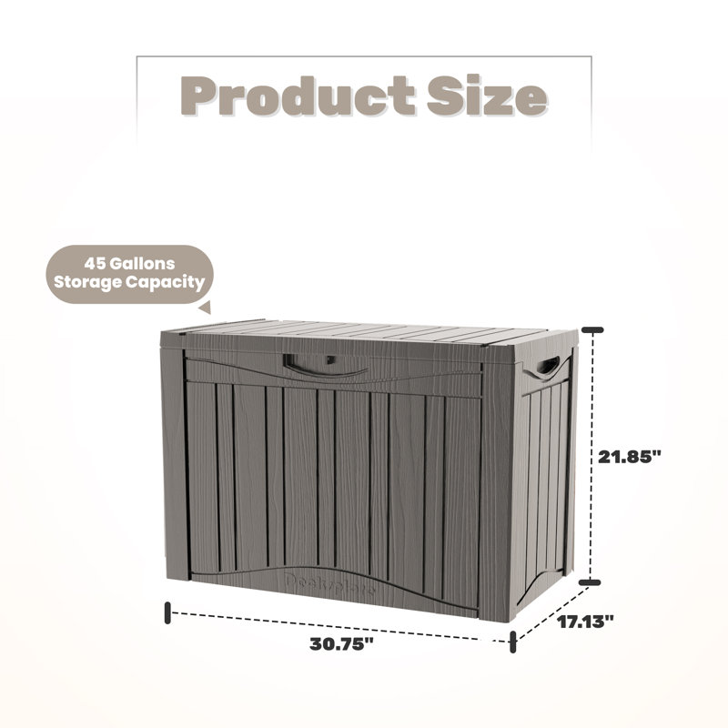 45 Gallon Water Resistant Resin Storage Lockable Deck Box, Brown, 21.85" H x 30.75" W x 17.13" D