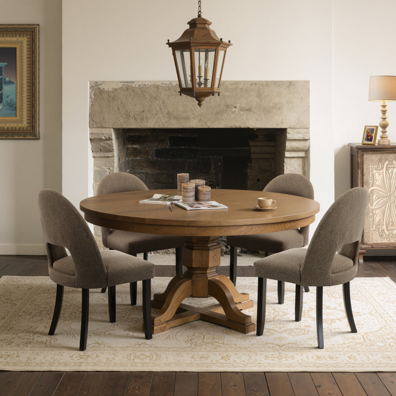 Chaises de salle à manger rembourrées en lin avec dossier haut incurvé et pieds en bois massif, 4, Brun