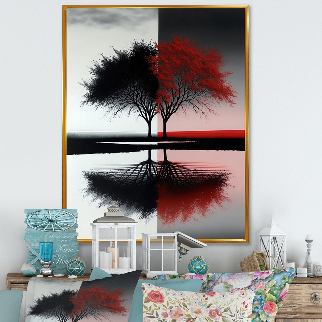 Red And Black Abstract Trees By The Lake - Forest Wall Art Winston Porter 