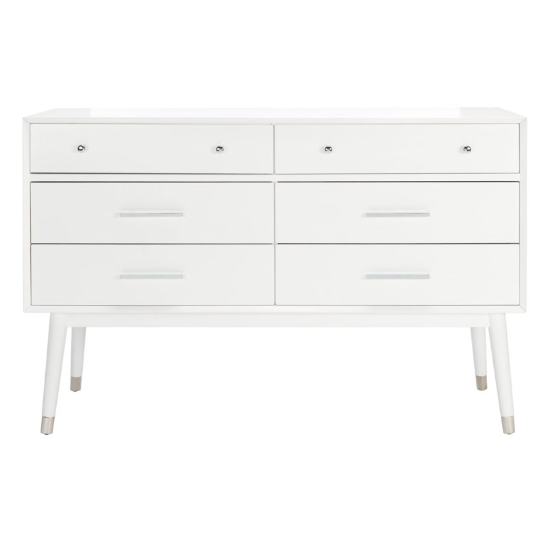 Commode double 6 tiroirs Samuel, Blanc/argenté