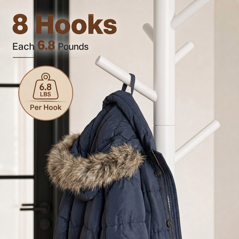 Adosinda Freestanding Coat Rack,Sturdy Wooden Coat Stand, 8- Hook Coat Rack,3 Height Options,Used in Bedroom,Hallway and Entryway,for Storing Coats, Hats,Bags,Umbrella Stand and Coat Hooks